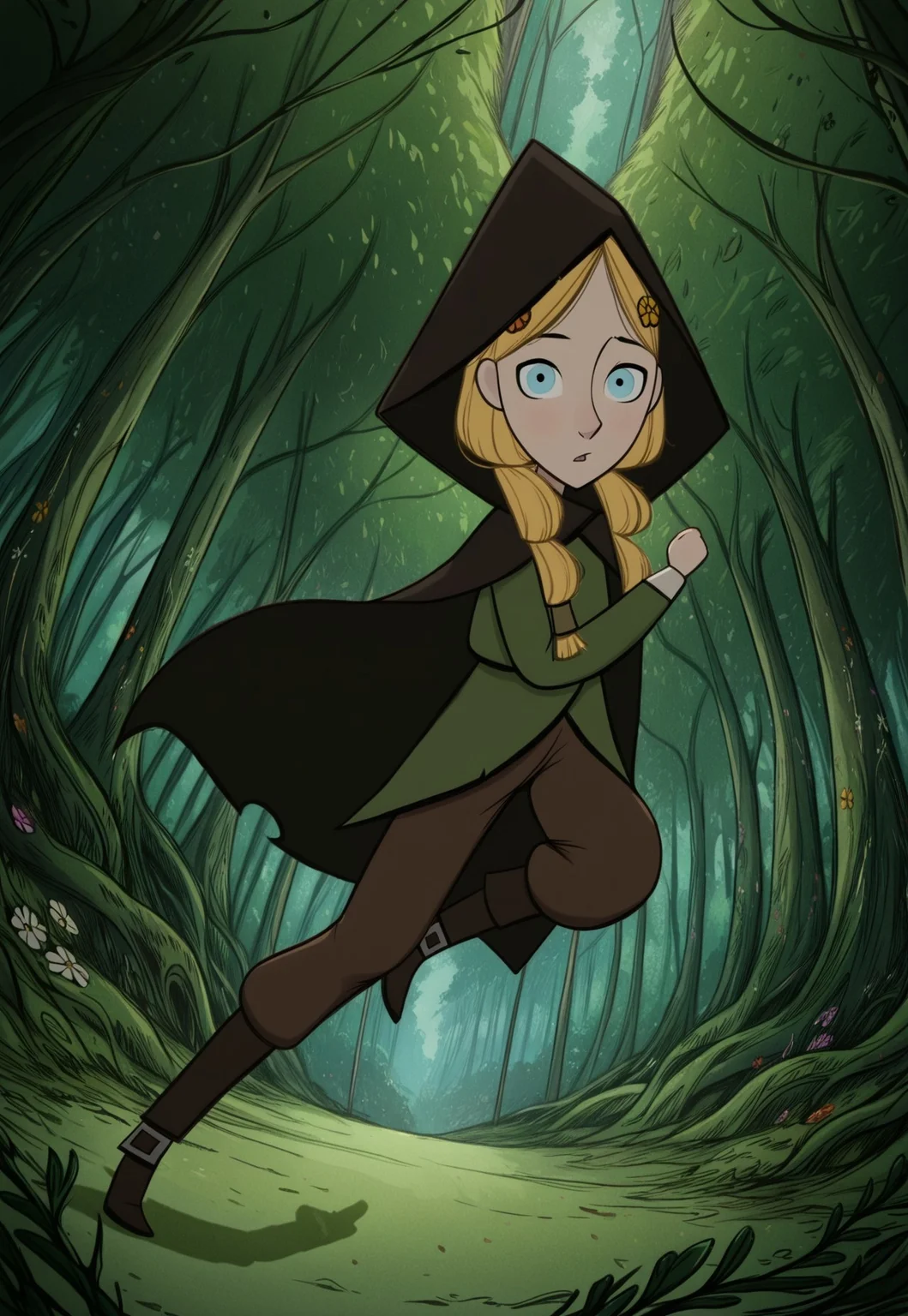 handsfree, masterpiece, best quality, amazing quality, very aesthetic, 1girl, solo, outdoors, forest, full body, looking at viewer, dynamic pose, dynamic angle,
robyn_hunter_hood, blue eyes, blonde hair, hair ornament, hood, brown pants, flower, hood up, long hair, hair over shoulder