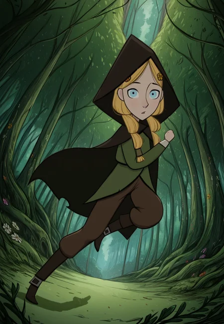 handsfree, masterpiece, best quality, amazing quality, very aesthetic, 1girl, solo, outdoors, forest, full body, looking at viewer, dynamic pose, dynamic angle,
robyn_hunter_hood, blue eyes, blonde hair, hair ornament, hood, brown pants, flower, hood up, long hair, hair over shoulder
