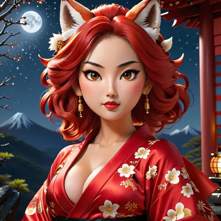 (masterpiece,best quality,ultra_detailed,highres,absurdres:1.2), canon ef 40mm shot, sharp focus, Full body Playmate shot:1, Beautiful Kitsune, Goddess face, large breasts, shiny pinned up hair, captivating eyes, Perfect anatomy, Intricately detailed red and black silk kimono, hand raised  to chin, ultra detailed Japanese mountain shrine, starry moonlit sky,  warm radiant lighting, view from above