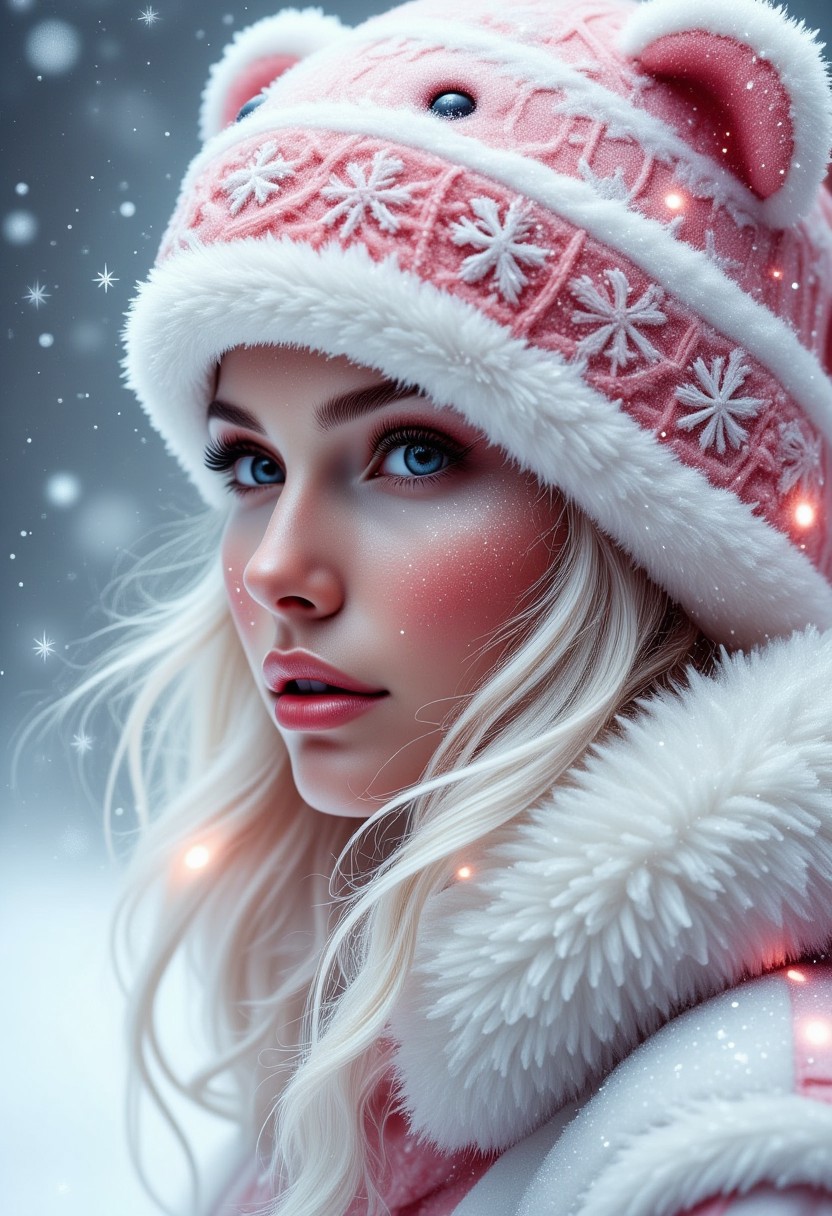 Contrail, mosaic, Fantasy realism, Storybook Illustration, double exposure, delicate detailed inspired by [Artgerm, Brian M  Viveros, Esao Andrews], light pink | white stripes, sharp focus, triadic colors, gorgeous girl, peachy lips, snow suit, light pink teddybear santa hat, small snowflakes , dynamic pose, luminism, magic light rings, bioluminescence, 32k