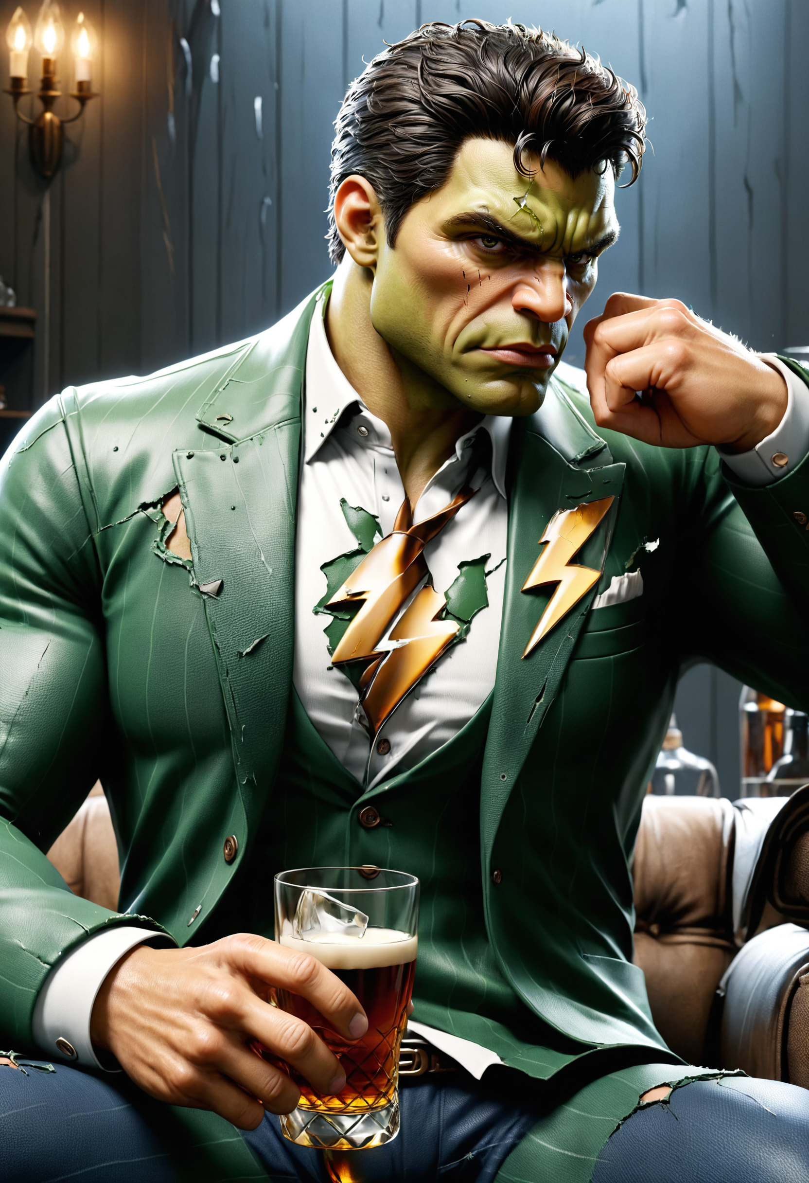 The Hulk wearing a torn jacket, sitting, whisky glass in hand
<lora:dvr-bzz:0.8> dvr-bzz