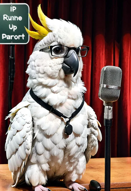 A cockatoo wearing rectangular glasses, sitting in front of a microphone on a scene, stand up show, nameplate near a parrot with text:"Rune Parrot"