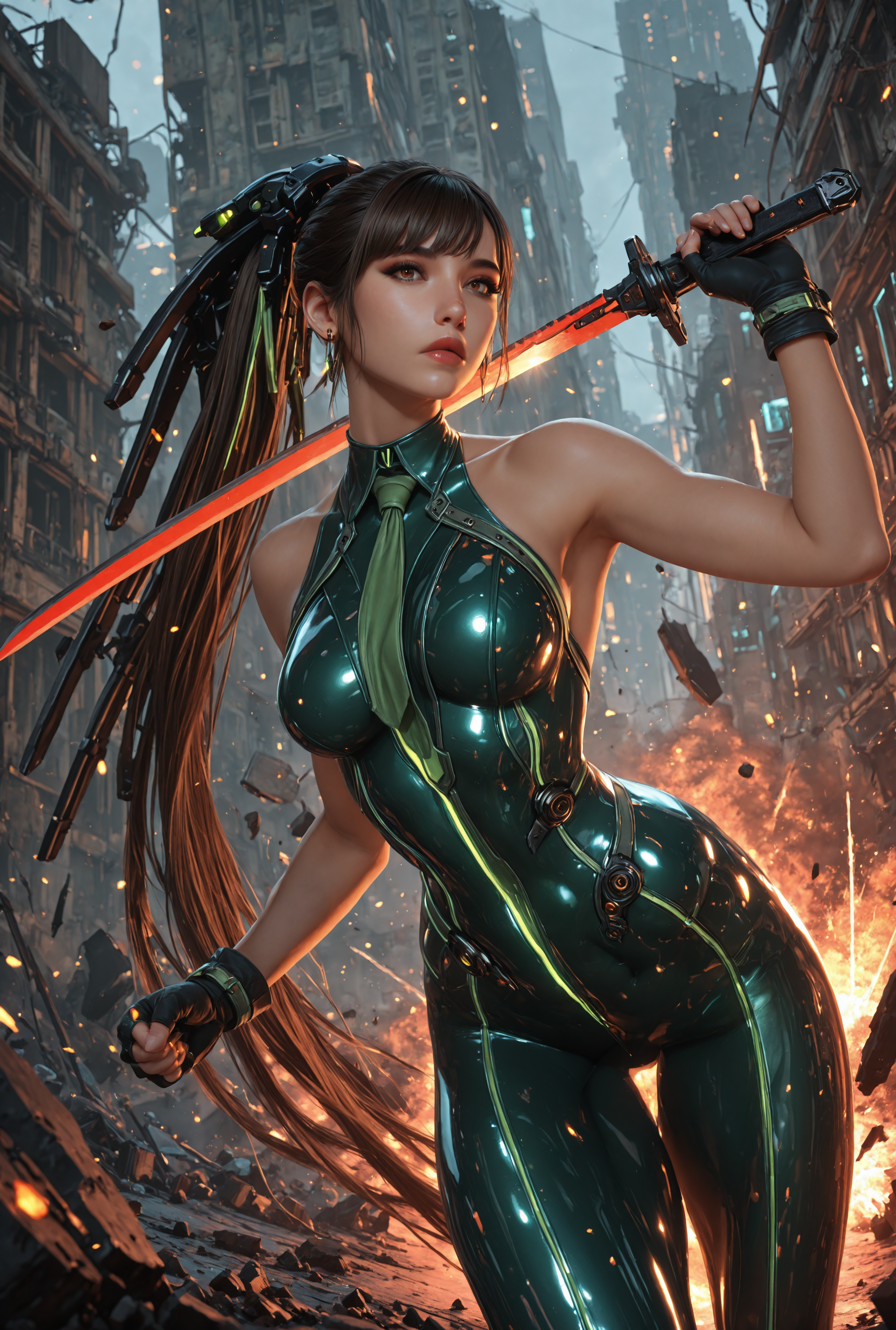 (masterpiece, best quality:1.2) absurdres, 8k, HDR, dynamic lighting , dynamic angle, detailed_eyes, depth of field, dynamic_lighting, detailed_background, dramatic_angle, Sinozick_illu, gradient, spot color, BREAK, StellarEve-Def, brown eyes, very long hair, ponytail, hair ornament, light red lipstick, earrings, dark green bodysuit, skin tight, green necktie, white fingerless gloves, bare shoulders, bare arms, BREAK, fighting stance, holding sword, BREAK, dystopian city, ruined buildings, bounders, explosions, battle, falling embers, looking at viewer, <lora:DetailedEyes_V3:0.75> <lora:StellarEve:0.9000000000000001> <lora:Face_Enhancer_Illustrious:0.4>