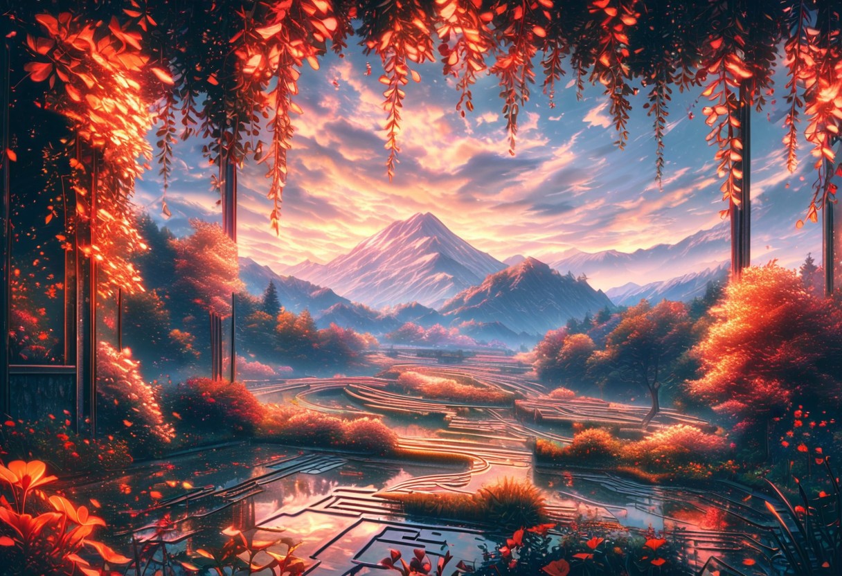 (8k digital nature photography:1.2), (an idyllic landscape:1.1) with mountains in the distance, shiny ruby (see-through:1.2), (Sprawling labyrinth:1.2), <lora:Bio-Luminescence:1> bioluminescent