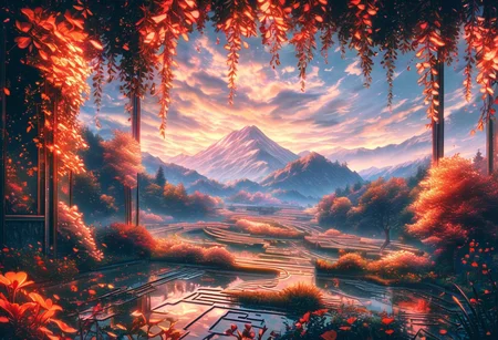 (8k digital nature photography:1.2), (an idyllic landscape:1.1) with mountains in the distance, shiny ruby (see-through:1.2), (Sprawling labyrinth:1.2), <lora:Bio-Luminescence:1> bioluminescent