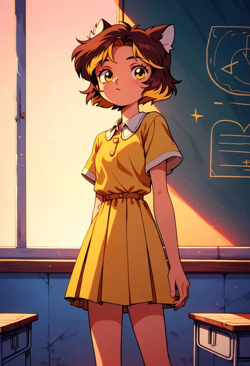 score_9, score_8_up, score_7_up, score_6_up,
human,
brown hair, short hair, school, classroom,
Tigra, 1girl, yellow dress with sun, animal ears,
white caucasian girl, multicolored hair, yellow eyes,
pastel colors, high res image, masterpiece,
90s4n1m3