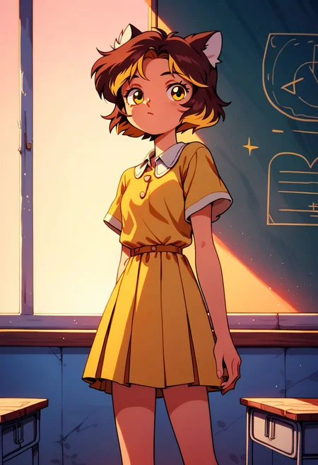 score_9, score_8_up, score_7_up, score_6_up,
human,
brown hair, short hair, school, classroom,
Tigra, 1girl, yellow dress with sun, animal ears,
white caucasian girl, multicolored hair, yellow eyes,
pastel colors, high res image, masterpiece,
90s4n1m3