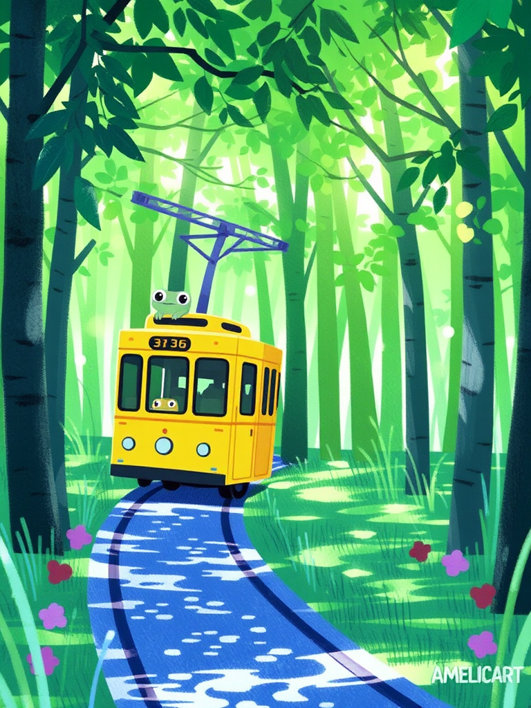 AMELICART. masterpiece, best quality,high detailed. In this vibrant digital illustration by artist "Hueh," a cheerful yellow streetcar traverses a lush green forest. The whimsical vehicle, adorned with frog-like figures perched playfully on its side, whisks along a curved path lined with tall grass and towering green foliage. The bright hues of blue, green, and yellow dominate the scene. The frogs, with exaggerated cartoon eyes and red markings, add a delightful touch to the charming setting. A gentle light filters through the leaves, creating a dappled, serene ambiance. This visually enchanting, fantastical view exudes joy and the innocence of nature.