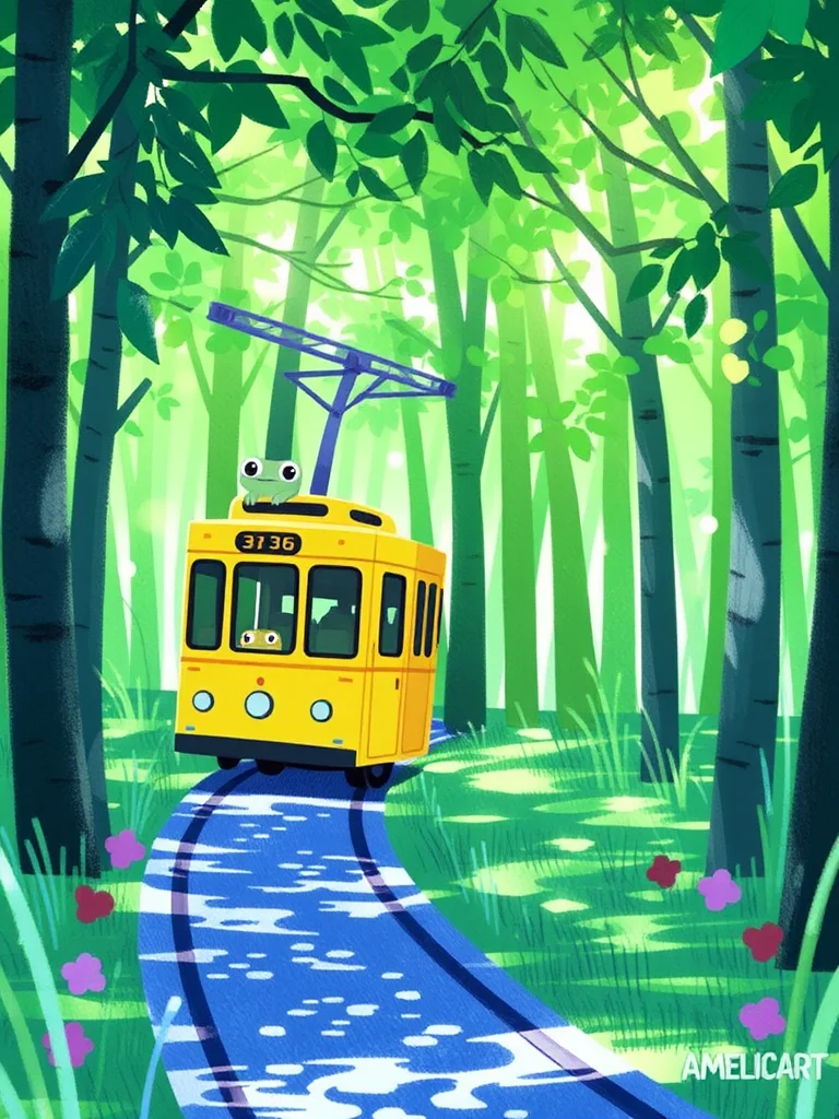 AMELICART. masterpiece, best quality,high detailed. In this vibrant digital illustration by artist "Hueh," a cheerful yellow streetcar traverses a lush green forest. The whimsical vehicle, adorned with frog-like figures perched playfully on its side, whisks along a curved path lined with tall grass and towering green foliage. The bright hues of blue, green, and yellow dominate the scene. The frogs, with exaggerated cartoon eyes and red markings, add a delightful touch to the charming setting. A gentle light filters through the leaves, creating a dappled, serene ambiance. This visually enchanting, fantastical view exudes joy and the innocence of nature.