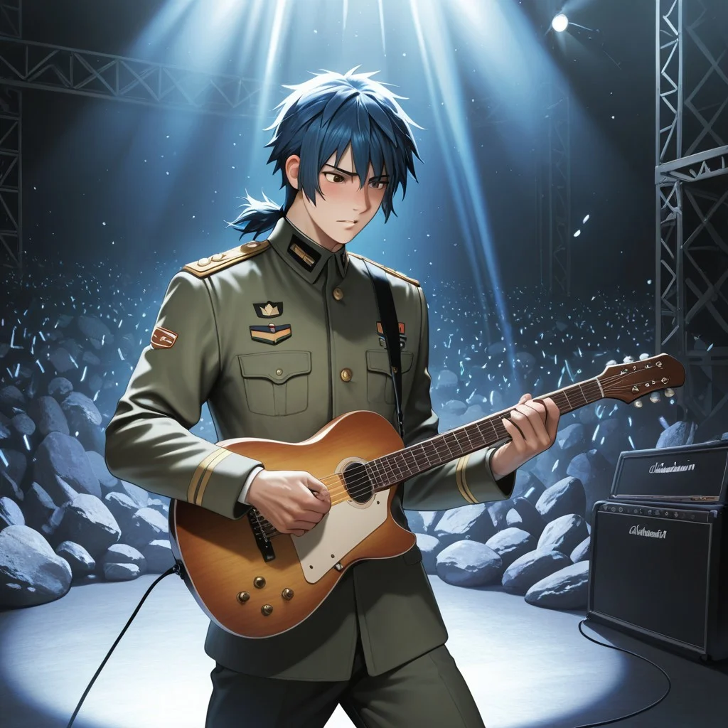 masterpiece, best quality, amazing quality, absurdres, newest, detailed background, definition so sharp, Ultra-HD, 8K cinematic, very awa, impressionate, amazing quality, highres,
solo, male focus, manly,
daikakukokujouji, 1boy, short hair, tied hair, low tied hair, lieutenant_pretime, lieutenant_blue hair, lieutenant_brown eyes, playing guitar, headbanging, energetic performance, but nearly dropping guitar, stage lighting, rock concert, passionate, cool, clumsy, charming, musical
