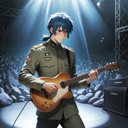 masterpiece, best quality, amazing quality, absurdres, newest, detailed background, definition so sharp, Ultra-HD, 8K cinematic, very awa, impressionate, amazing quality, highres, 
solo, male focus, manly, 
daikakukokujouji, 1boy, short hair, tied hair, low tied hair, lieutenant_pretime, lieutenant_blue hair, lieutenant_brown eyes, playing guitar, headbanging, energetic performance, but nearly dropping guitar, stage lighting, rock concert, passionate, cool, clumsy, charming, musical