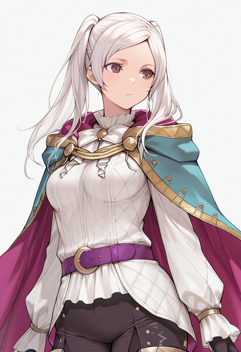 masterpiece, best quality, 
  1girl, BraveRobin, long hair, white hair, twintails, brown eyes, shirt, long sleeves, gloves, pants, boots, cape, medium breasts,
upper body,
simple background,