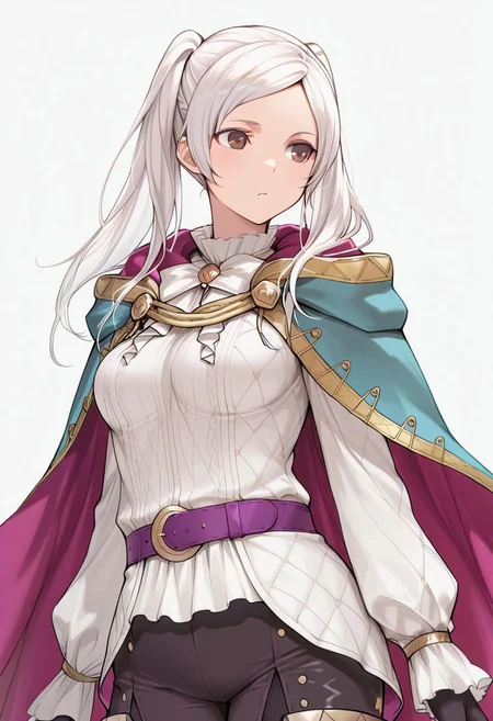 masterpiece, best quality, 
  1girl, BraveRobin, long hair, white hair, twintails, brown eyes, shirt, long sleeves, gloves, pants, boots, cape, medium breasts,
upper body,
simple background,