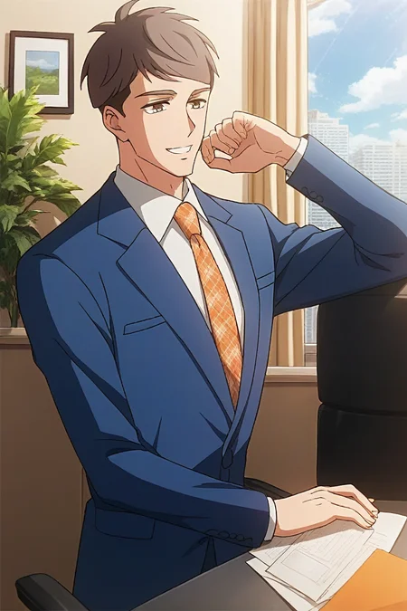 (score_9, score_8_up, score_7_up),(source anime, best quality, best aesthetic, perfect anatomy),1boy,kentaro momose,male_focus,handsome detailed face,black eyes,black jacket,blue jacket,collared shirt,slim body,skinny,orange necktie,solo,modern office,handsome stylish pose,portrait,smile,teeth,<lora:aesthetic_anime_v1s:0.8>,<lora:Kentaro Momose_PDXL:0.85>,