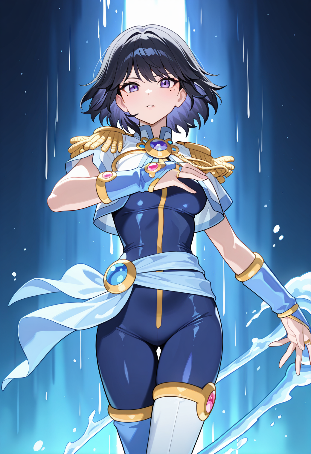 masterpiece, best quality, very aesthetic, absurdres, 1girl, solo,
<lora:corrector_ai_water_v02:0.9>, corrector_ai, water_element_suit, black hair, short hair, mole under eye, purple eyes,
magical girl, epaulettes, blue bodysuit, brooch, aiguillette, bridal gauntlet, sash, asymmetrical legwear, white thigh boots, posing
