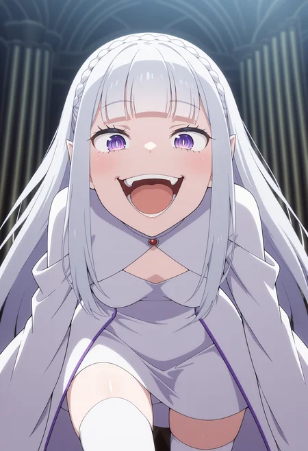 masterpiece, best quality, high resolution, source_anime, highly detailed illustration, detailed eyes,
very aesthetic, absurdres, newest, amazing quality,
1girl, solo, parody, meme,
<lora:shiLustmiliaV1ill:1>, shilustmilia, long hair, purple eyes, white hair, hair ornament, crown braid, hair flower, pointy ears, blunt bangs, white dress, white thighhighs, thigh boots,
looking at viewer, smile, open mouth, :d, teeth, grin