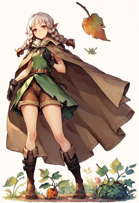 score_9,score_8_up,score_7_up,score_6_up,source_anime,<lora:Vanillaware_XL:1>,solo,1girl,thin,petite,pose,looking at viewer,full body,light blush,white hair,brown eyes,twin braids,hime cut,pointy ears,small breasts,bare arms,wide hips,brown hoodie,brown cape,green dress,brown shorts,leather belt,leather gloves,leather long boots,leaf,tree trunk,simple background,white background,