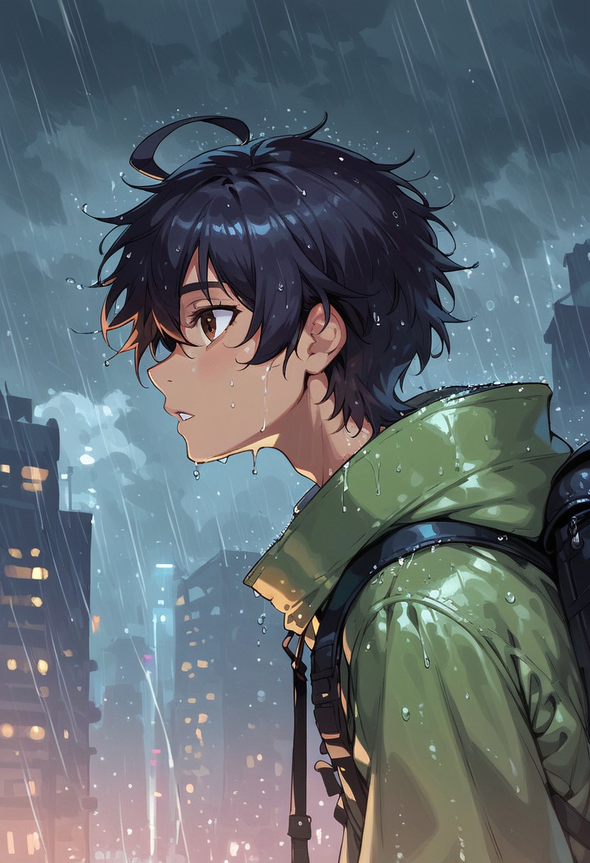 score_9, score_8_up, score_7_up,1boy,solo,black hair,short hair,messy hair,ahoge hair,brown eyes,perfecteyes,green raincoat,backpack,rain,heavy rain,rain droplets,water droplets,city,buildings,cloudy,bokeh,depth of field,sharp focus,sinozick,flat colors,from the side,side view,warm colors,<lora:Sinozick_Style_XL_Pony:0.8>, <lora:add-detail-xl:1>, <lora:perfect-eyes:0.8>