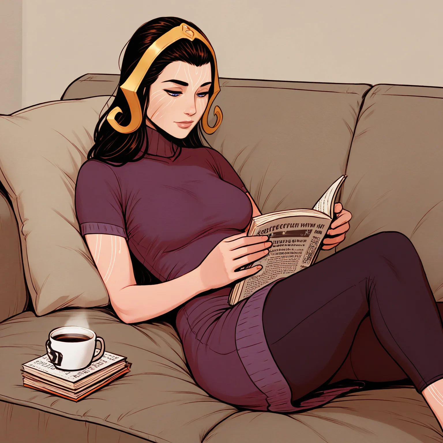 safe, masterpiece, very aesthetic, 1girl, liliana vess, mature female, markings, face markings, turtleneck, leggings, sofa, reading, coffee, relaxing, reclining
<lora:LilianaVess-MTG_NAIXL_v10-000016:0.8>