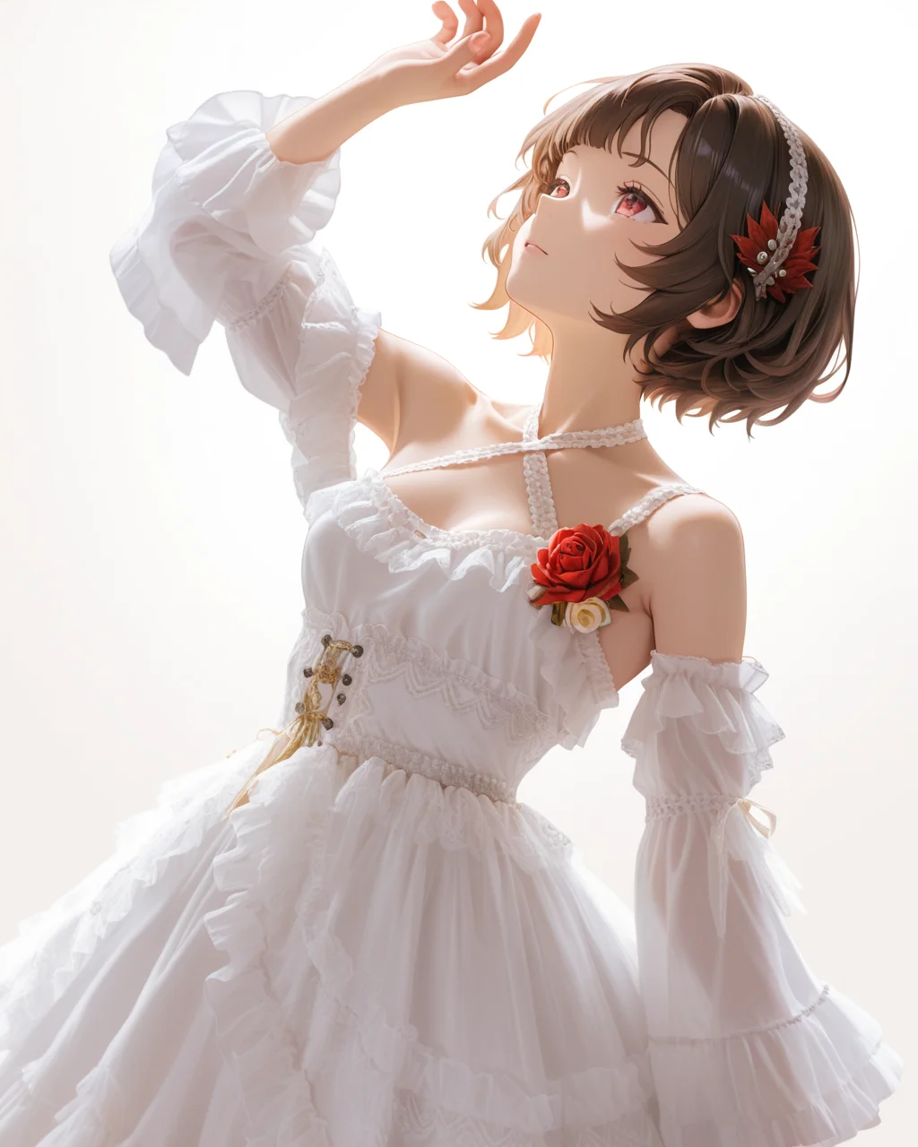 Positive: Masterpiece, best quality, amazing quality, very aesthetic, high resolution, ultra-detailed, absurdres,
1girl,solo,white_background,
schndef, short hair, feather hair ornament,small breasts,brown hair, red eyes,white hairband,
white off-shoulder lace ruffled dress,
white dress,white off-shoulder,lace,frills,
criss-cross halter,
corsage,jewelry,
long sleeves,detached sleeves,
cowboy_shot,look up,