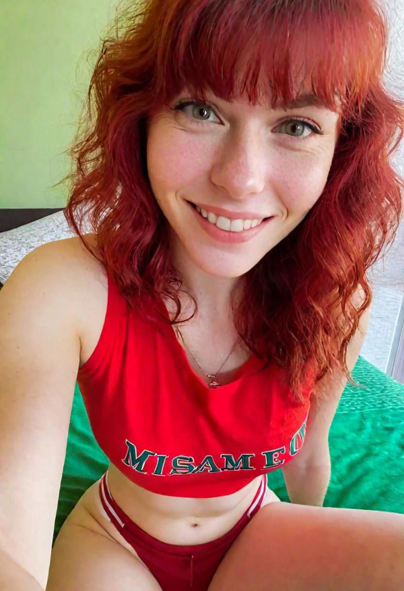A full-body "Selfie taken with the front camera of an iPhone 15 in a close-up shot." female figure, a smiling and sexy redhead with bangs and wavy hair, dressed in a red and red t-shirt, and green shorts, sitting on a bed, looking at the camera, you can see her perfect breasts. , captured with a blurred background in an elegant hotel room. in leonard style, there is a natural light source illuminating the interior from a window, the background is blurred, the second part in hyper realistic style is made in a special test, by alex1shved, very realistic, rosy skin, beautiful lips and fleshy, smile, feeling of lightness and joy, hyperrealism, highly elaborate skin, direct gaze, by alex1shved