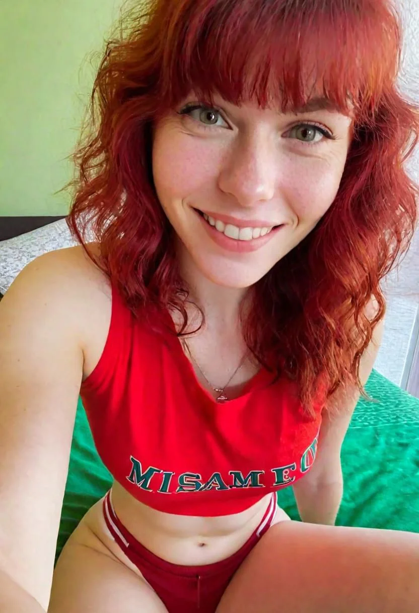 A full-body "Selfie taken with the front camera of an iPhone 15 in a close-up shot." female figure, a smiling and sexy redhead with bangs and wavy hair, dressed in a red and red t-shirt, and green shorts, sitting on a bed, looking at the camera, you can see her perfect breasts. , captured with a blurred background in an elegant hotel room. in leonard style, there is a natural light source illuminating the interior from a window, the background is blurred, the second part in hyper realistic style is made in a special test, by alex1shved, very realistic, rosy skin, beautiful lips and fleshy, smile, feeling of lightness and joy, hyperrealism, highly elaborate skin, direct gaze, by alex1shved