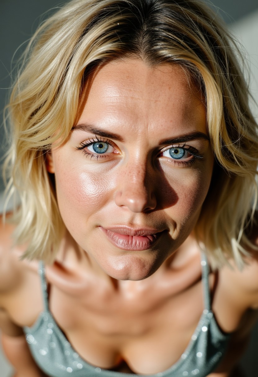 A **busty 44-year-old German woman**, exuding timeless beauty and confidence, captured in a **semi close-up from above**, bathed in **natural light**. Her **short blonde hair**, slightly tousled, frames her **big, expressive blue eyes**, which radiate warmth and intelligence. She wears a **shiny bikini**, the fabric catching the light with a subtle shimmer, accentuating her **curvy, statuesque figure**.  
Her **smile is genuine and radiant**, revealing both strength and elegance. The **soft shadows and perfect lighting** highlight the contours of her face, creating an intimate yet striking composition. The **high-resolution, ultra-detailed image** preserves every delicate texture—from the **fine details of her skin** to the **natural highlights in her hair**.  
Inspired by **Peter Lindbergh’s signature style**, the focus remains on **raw beauty, authenticity, and a cinematic depth** that makes the portrait feel both real and iconic. The **background softly fades into a professional blur**, ensuring all attention is drawn to her expression, her presence, and the effortless **goddess-like aura** she carries.