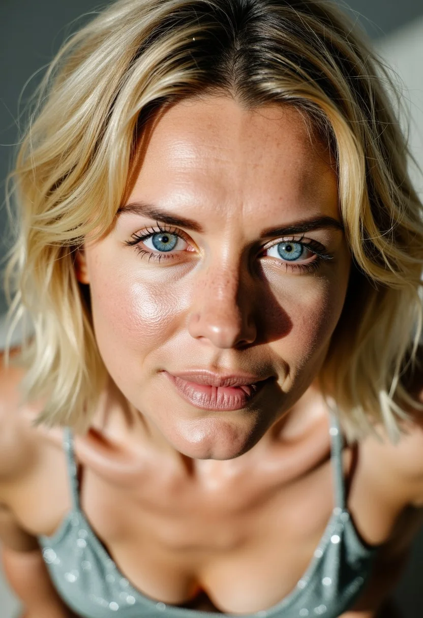 A **busty 44-year-old German woman**, exuding timeless beauty and confidence, captured in a **semi close-up from above**, bathed in **natural light**. Her **short blonde hair**, slightly tousled, frames her **big, expressive blue eyes**, which radiate warmth and intelligence. She wears a **shiny bikini**, the fabric catching the light with a subtle shimmer, accentuating her **curvy, statuesque figure**.
Her **smile is genuine and radiant**, revealing both strength and elegance. The **soft shadows and perfect lighting** highlight the contours of her face, creating an intimate yet striking composition. The **high-resolution, ultra-detailed image** preserves every delicate texture—from the **fine details of her skin** to the **natural highlights in her hair**.
Inspired by **Peter Lindbergh’s signature style**, the focus remains on **raw beauty, authenticity, and a cinematic depth** that makes the portrait feel both real and iconic. The **background softly fades into a professional blur**, ensuring all attention is drawn to her expression, her presence, and the effortless **goddess-like aura** she carries.
