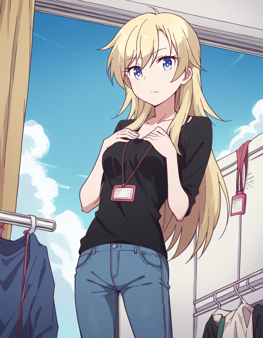 score_9, score_8_up, score_7_up, source_anime, <lora:kou-yagami-s2-ponyxl-lora-nochekaiser:1>, kou yagami, long hair, blue eyes, blonde hair, medium breasts,, shirt, collarbone, pants, black shirt, id card, lanyard, denim,, laundry day, clothesline, drying clothes, domestic life, fresh air, blue sky, , hands on own chest,, looking at viewer, solo,, dutch angle, cowboy shot