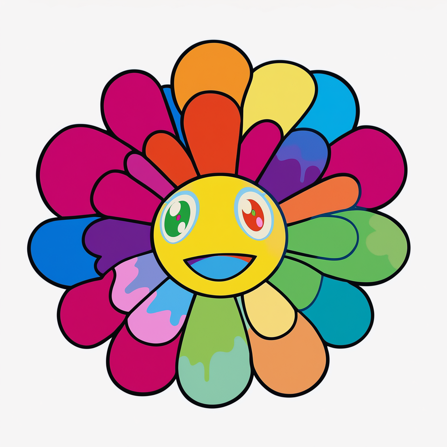 score_9, score_7_up, score_6_up, score_5_up, score_4_up, flat color, no lineart, clean lines, BREAK
no humans, pokemon (creature), smile, flower, heterochromia, white background, open mouth, colorful, simple background, :d, happy, blue eyes, red eyes, one-eyed, green eyes, looking at viewer
<lora:murakami_style:1>