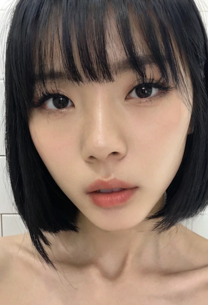 blurry, instagram,photo taken with iPhone,a woman named artgravia ,solo, black hair, long hair, looking at viewer, parted lips, bangs,face close-up,indoors,makeup,tile wall,bathroom, high detail skin <lora:artgravia model-SDXL-V5:0.8>