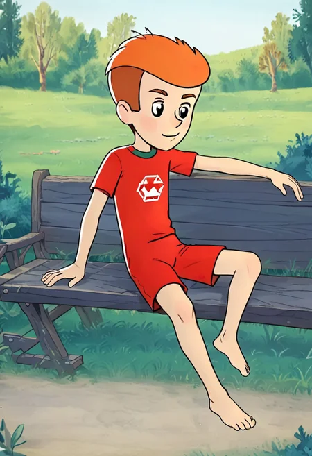 score_7, score_8, score_9, solo male, well detailed, 2d, flat colours, vector, line art, cartoon, 1boy, shorty boy, well drawn, detailed , prostokvashino, fyodor, boy with short orange hair, skinny shorty boy, posing against viewer, red shorts, barefoot, forest background, resting pose on wooden bench , black eyes,