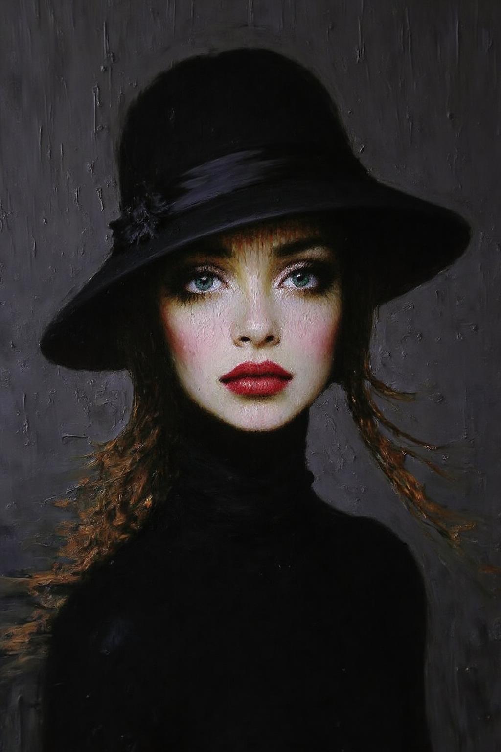 talo1 painting.
An eye-level view of a woman's face is depicted in a close-up shot. The woman is wearing a black hat with a black band around the brim and a black turtleneck underneath it. Her hair is pulled back and cascades over her shoulders. Her eyes are a piercing blue and her lips are a vibrant red color. The backdrop is a textured gray wall that is adorned with small droplets of water.
 <lora:talo1_cap_d6a3e15:1.0><lora:828755571164319138:0>