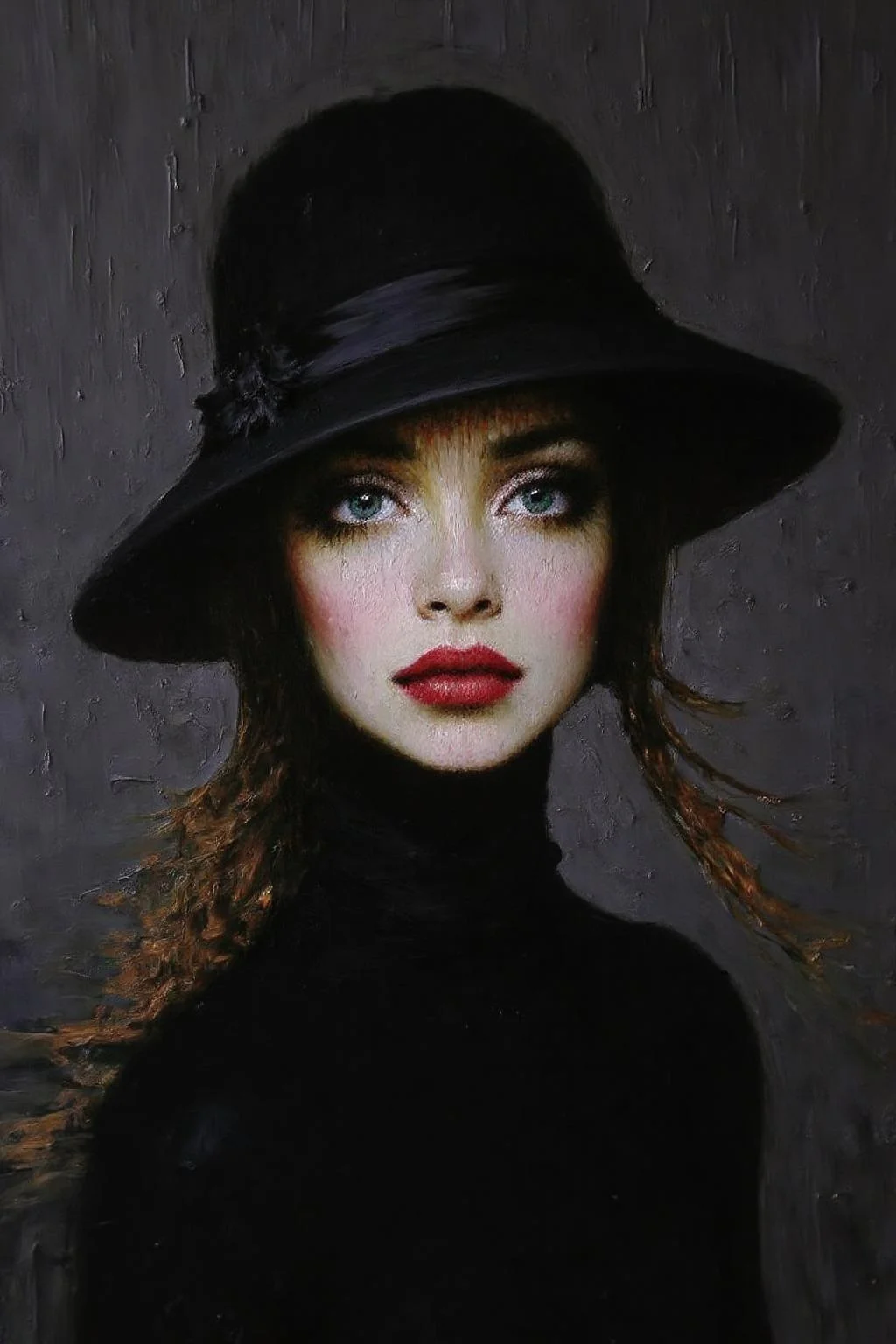talo1 painting.
An eye-level view of a woman's face is depicted in a close-up shot. The woman is wearing a black hat with a black band around the brim and a black turtleneck underneath it. Her hair is pulled back and cascades over her shoulders. Her eyes are a piercing blue and her lips are a vibrant red color. The backdrop is a textured gray wall that is adorned with small droplets of water.
<lora:talo1_cap_d6a3e15:1.0><lora:828755571164319138:0>