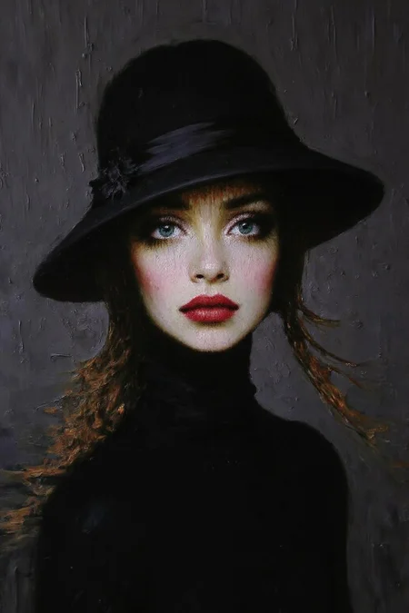 talo1 painting.
An eye-level view of a woman's face is depicted in a close-up shot. The woman is wearing a black hat with a black band around the brim and a black turtleneck underneath it. Her hair is pulled back and cascades over her shoulders. Her eyes are a piercing blue and her lips are a vibrant red color. The backdrop is a textured gray wall that is adorned with small droplets of water.
<lora:talo1_cap_d6a3e15:1.0><lora:828755571164319138:0>