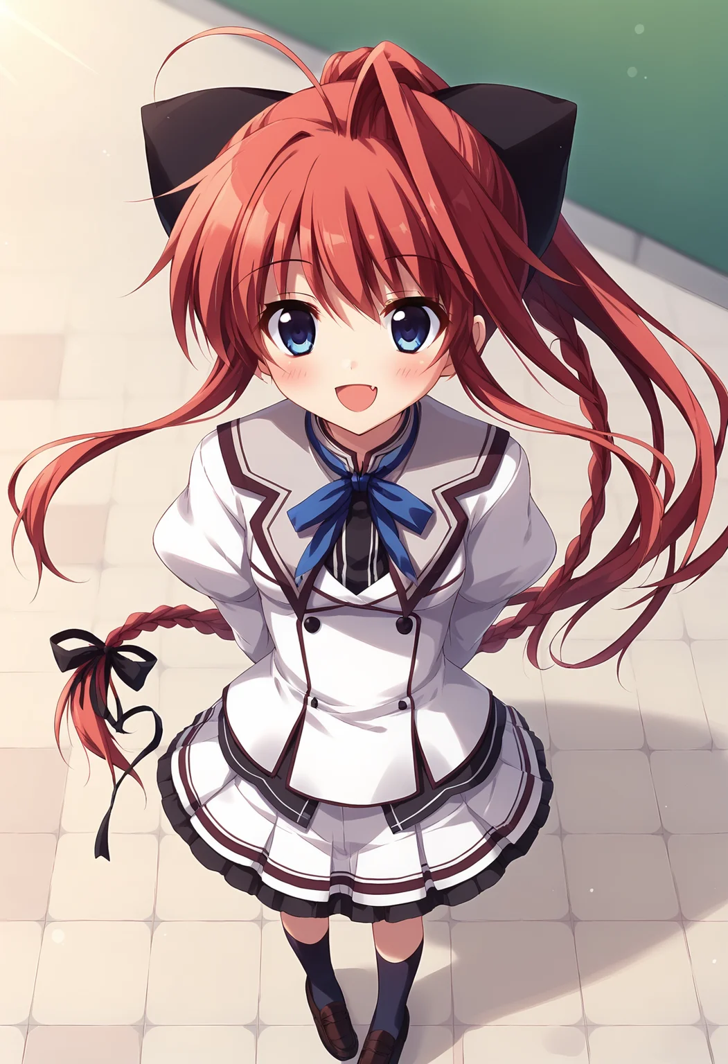 score_9, score_8_up, score_7_up BREAK
source_anime, rating_safe, from above, outdoors, on tile floor, sunlight, standing, arms behind back, looking up, looking at viewer, blush, open mouth, :d, fang, smile, solo, 1girl, mssana, red hair, long hair, ponytail, single hair intake, ahoge, braid, hair bow, blue eyes, small breasts, school uniform, puffy sleeves, juliet sleeves, skirt, black kneehighs, loafers <lora:mashirosana_epoch_8:0.7>