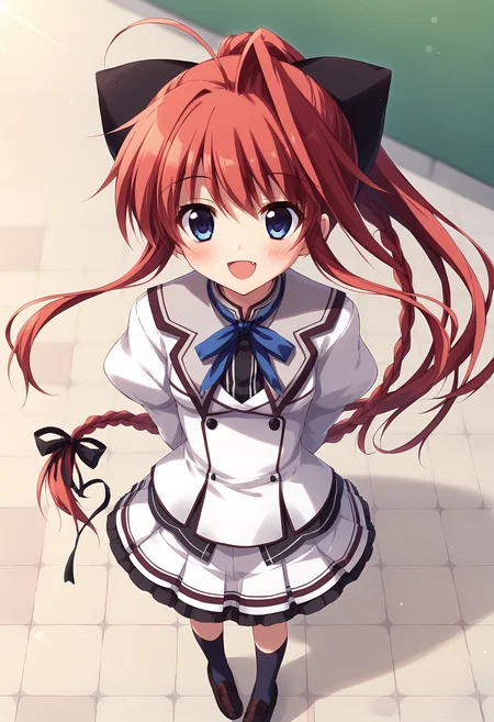 score_9, score_8_up, score_7_up BREAK
source_anime, rating_safe, from above, outdoors, on tile floor, sunlight, standing, arms behind back, looking up, looking at viewer, blush, open mouth, :d, fang, smile, solo, 1girl, mssana, red hair, long hair, ponytail, single hair intake, ahoge, braid, hair bow, blue eyes, small breasts, school uniform, puffy sleeves, juliet sleeves, skirt, black kneehighs, loafers <lora:mashirosana_epoch_8:0.7>