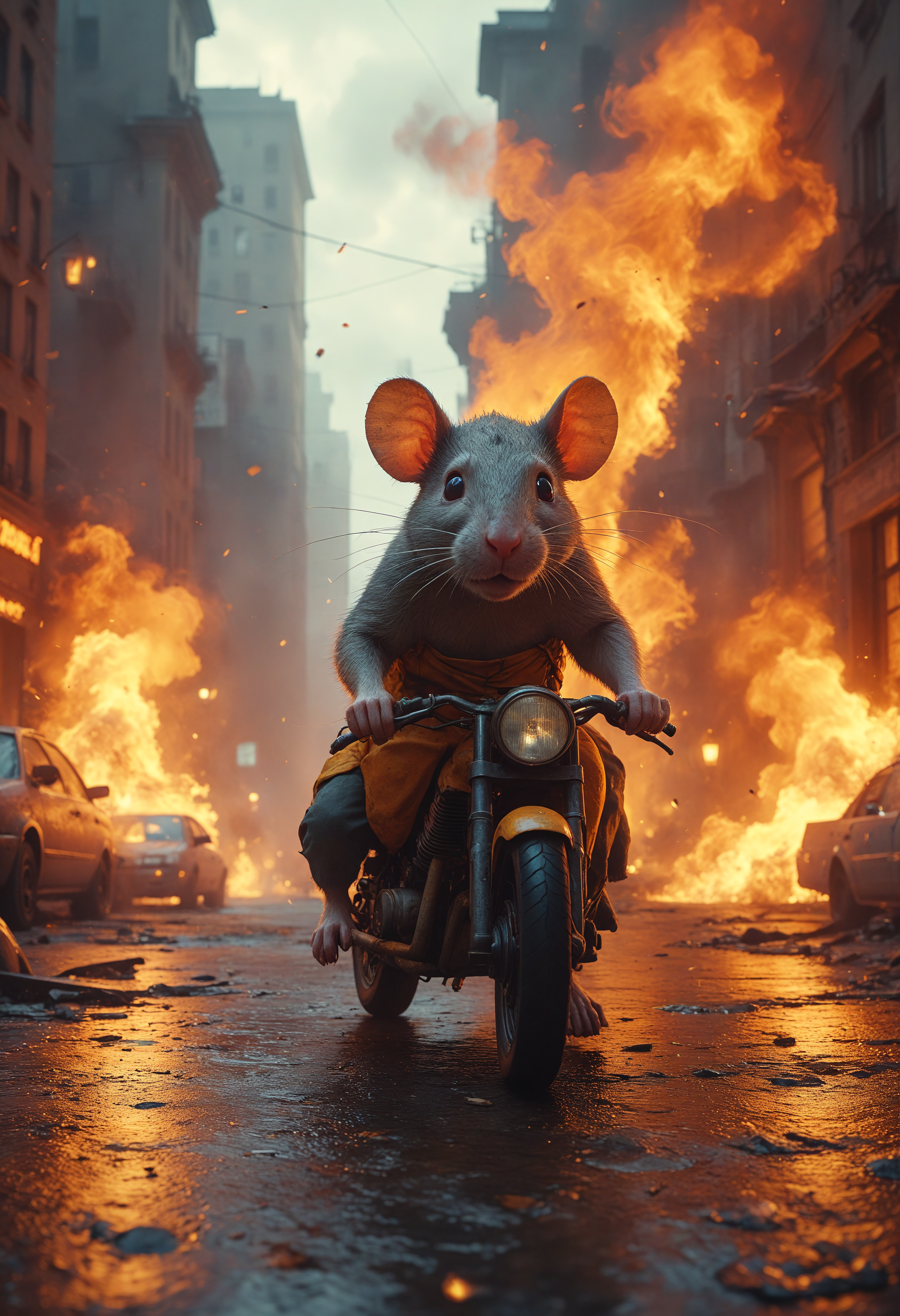 A rat riding a motorcycle in the city and it is on fire, full-shot photo, epic fight scene, ArtStation, realistic, highly detailed, symmetrical, hyper realism, high detail, octane render, unreal engine, 8k, Vibrant colors, Smooth gradients, High contrast, depth of field by Jacek Yerka, Mariusz Lewandowski, Houdini algorithmic generative render, Abstract brush strokes, Masterpiece, Edward Hopper and James Gilleard, Zdzislaw Beksinski trending on ArtStation, vivid colors, antiepianism, constructivist, Baudrillard symmetrical artwork<lora:add-detail-xl:1> <lora:MJ52:0.5> <lora:sss:0.5>