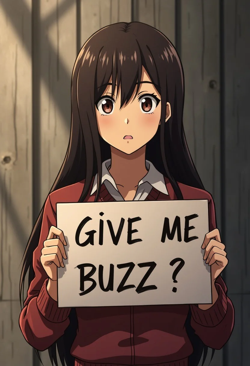 woman holding a sign saying " give me buzzz ", attack of titan anime series