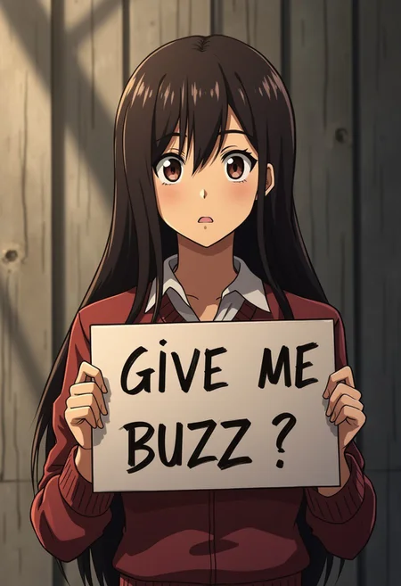 woman holding a sign saying " give me buzzz ", attack of titan anime series