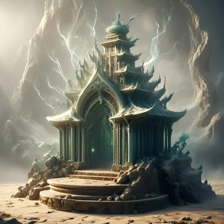 8k,hi res,(surreal,score_9, score_8_up, score_7_up, score_6_up),realistic analog photo, award winning photo,magnificent, celestial, ethereal, painterly, epic, majestic, magical, fantasy art ,((The Elven style:1.5)),((Elven Tower,Pagoda:1.3)),(against the background of fabulous nature:1.5),((fabulous nature:1.7)),((Elven tower, pagoda stands against the backdrop of mountains)),(((a tall green transparent jade  fairy-tale elven tower decorated with mythical golden statues and shining with magical light, where magical runes seem to be perfectly intertwined with the archetecture of the tower:1.5))), where the natural elements are rampant (((the power of the storm, the power of lightning, the power of fire))), where natural elements run amok (((the power of the storm, the power of lightning, the power of fire))) ((beautiful ancient fairy garden of emerald jade runestones:1.5)),(realistic detailed background),<lora:Tangbohu Detail Tweaker:-0.1>,<lora:glowneon_xl_v1:0.75> glowneon,STX&ChrisHrrFrstF, <lora:Tempest_Magic_-_XL_Grimoire:1>, tempestmagic