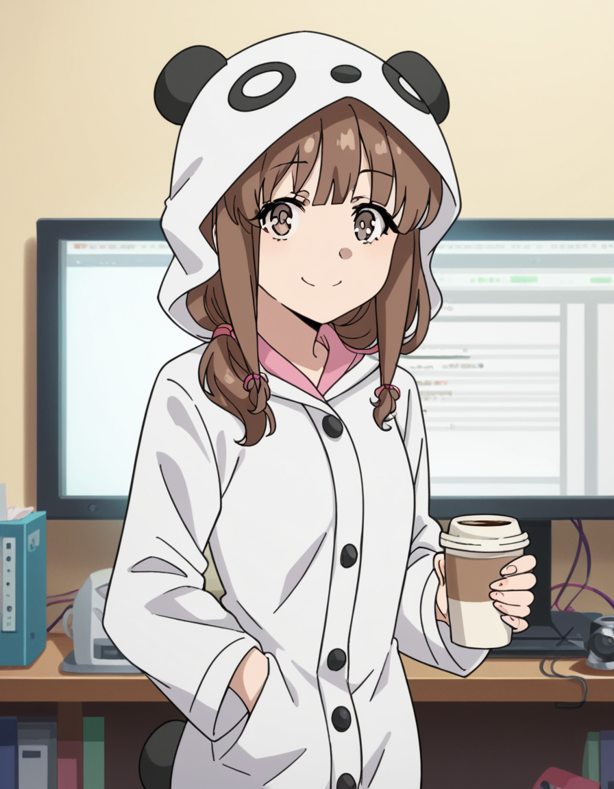 score_9, score_8_up, score_7_up, source_anime, <lora:kaede-azusagawa-s1-ponyxl-lora-nochekaiser:1>, kaede azusagawa, long hair, bangs, brown hair, brown eyes,, animal ears, tail, hood, pajamas, animal hood, animal costume, panda ears,, home office, working from home, computer screen, coffee cup, focus, deadline, smile, looking at viewer, solo,, cowboy shot, dutch angle