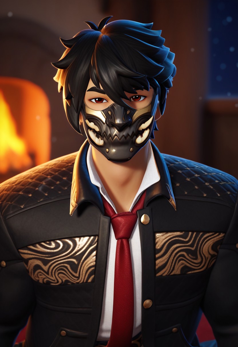 score_9, score_8_up, score_7_up, score_6_up, score_5_up, score_4_up, BREAK, <lora:Lunas-FortniteStyle-SDXL-A1:1>,1boy, solo, male focus, perfecteyes
minato, black messy hair, red-brown eyes, white dress shirt, loose red tie, black quilted jacket with gold patterns, black fingerless gloves with gold accent, gold-accented black belt, baggy black pants, black boots, black metallic mask with golden fangs and accents,
wooden cottage, snowing outside, night, fireplace, red rug, comfy atmosphere, furniture, indoors, looking at viewer, blurry background, arched back, upper body view, sitting in a comfy armchair, smiling,
