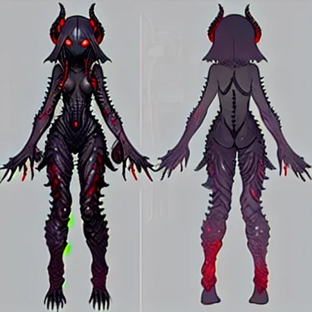 horror, blood, alien female, body horror, body modification , tentacles hair monster, monster girl,horror \(alien\), extra eyes, glowing,darkness, small boobs, thighs, red eyes, bigbadejo alien_monster, simple background, chara-sheet, model sheet