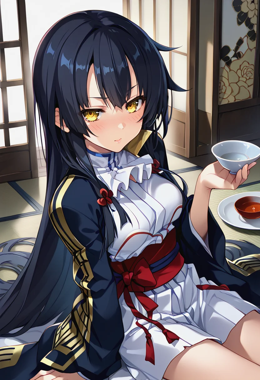 <lora:ODKUON_Pv1-000030:0.8>, odkuon, black hair, yellow eyes, long hair, 1girl, japanese clothes, japanese armor, frills, high quality, <lora:Drunk:1> Dr1nk, blush, drunk bubbles, sake,, BREAK score_9, score_8_up, score_7_up, score_6_up, source_anime, best quality,