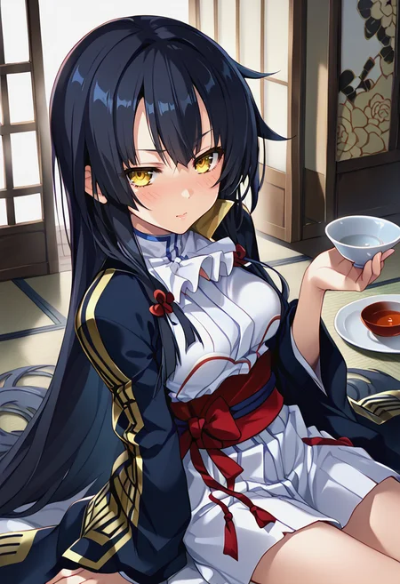 <lora:ODKUON_Pv1-000030:0.8>, odkuon, black hair, yellow eyes, long hair, 1girl, japanese clothes, japanese armor, frills, high quality, <lora:Drunk:1> Dr1nk, blush, drunk bubbles, sake,, BREAK score_9, score_8_up, score_7_up, score_6_up, source_anime, best quality,