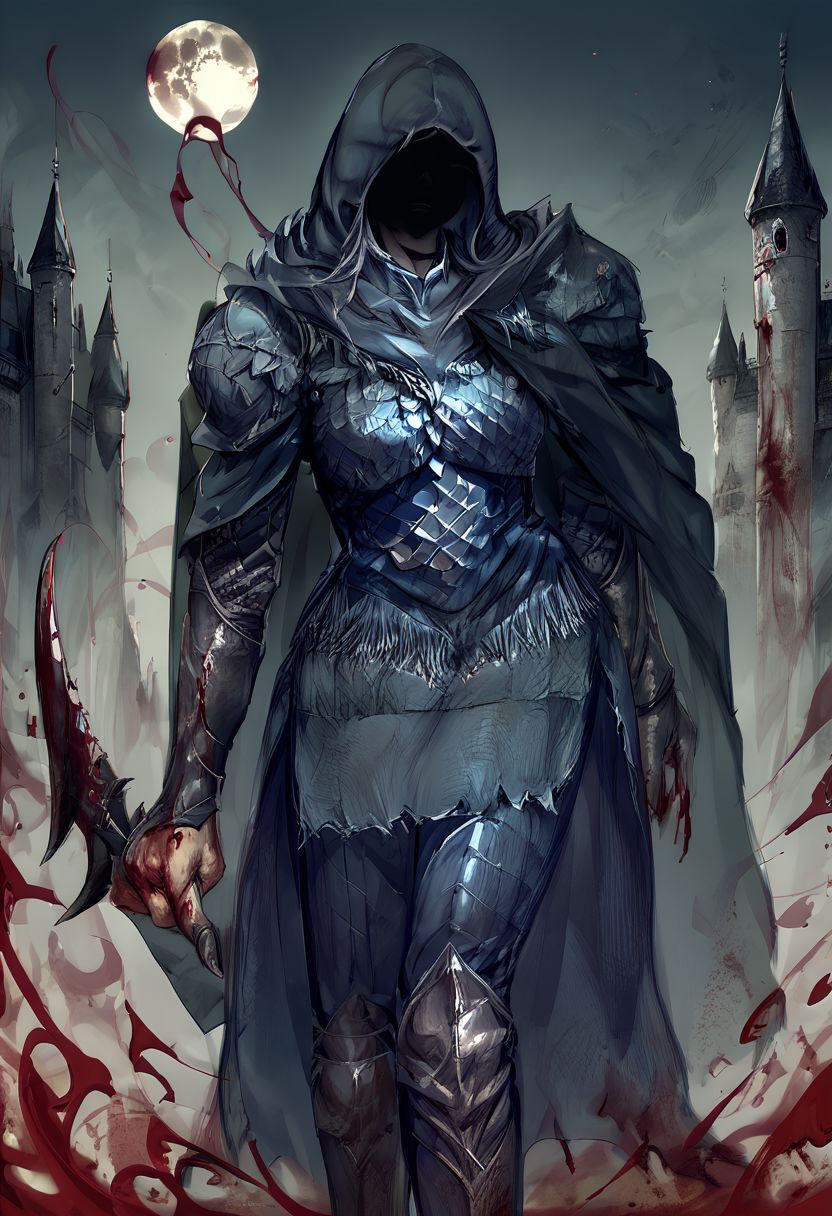 score_9, score_8_up, score_7_up, source_anime,assassin, solo, faceless, cloak, armor, shoulder armor,indoor, castle view, moon light,blood,holding weapon