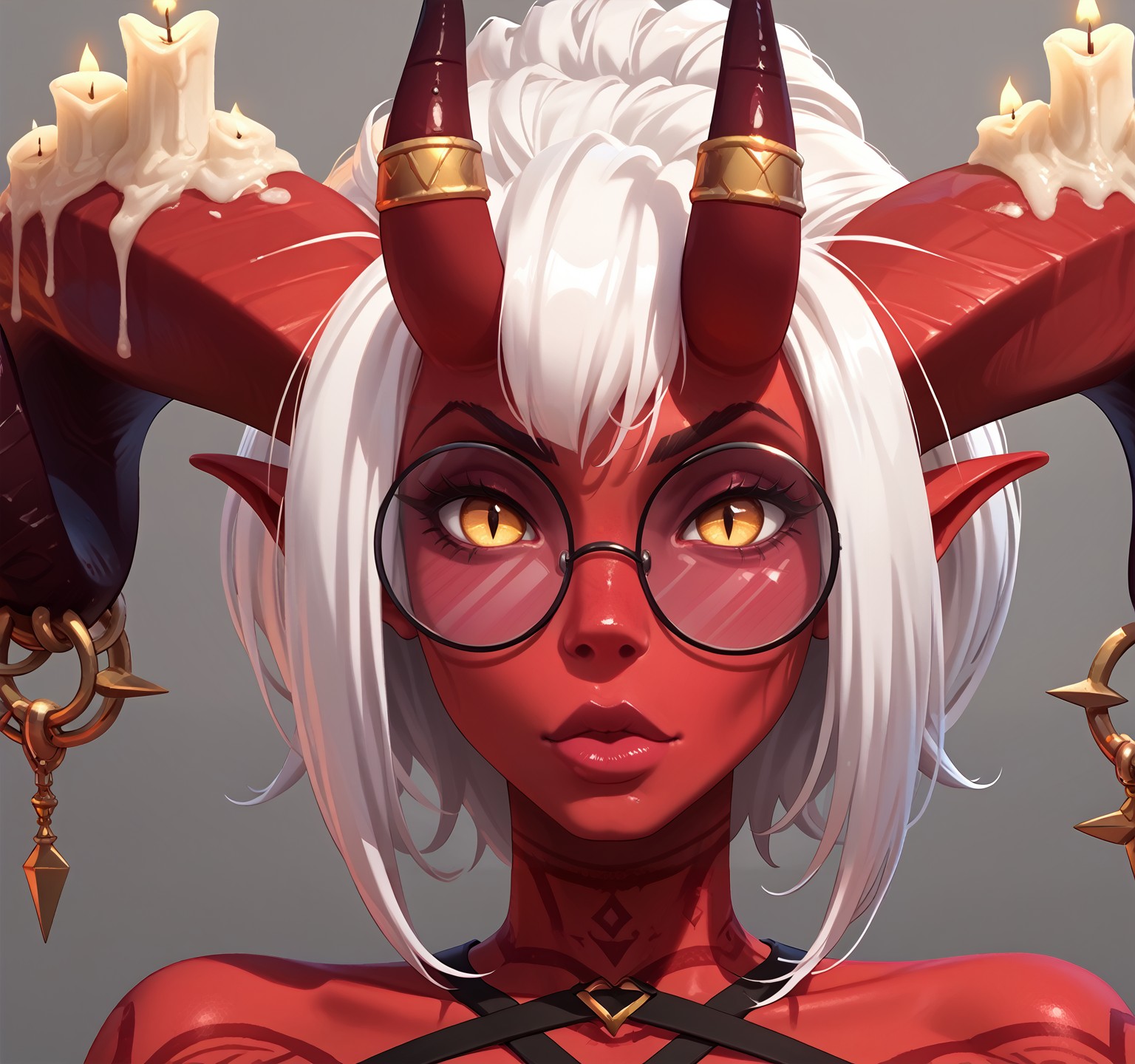 score_9, score_8, score_7, <lora:Literati_Demoness:0.95> <lora:Pony_DetailV2.0:1>, expressiveh,<lora:Expressive_H:1>, <lora:Lordstevie_style-10:1>, rating_explicit, l0rdstevie, looking at viewer, literatidemoness, black-trimmed glasses, close-up, head shot, demon horns, candles on horns, white hair, short hair, lips, red skin curled horns,