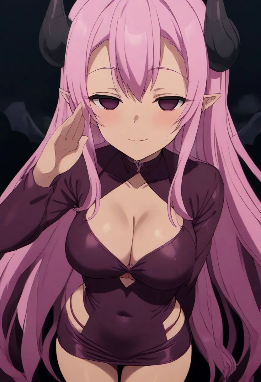salute, score_9, score_8_up, score_7_up,
BREAK
(1girl, solo, empty eyes girl, girl salute, salute pose),
BREAK
LilithMS, pink hair, long hair, lavender eyes, dark skin, pointy ears, horns, demon wings, demon tail,
hypnosis, empty eyes, looking at viewer, blush, horny smile, ,medium breasts, long sleeves, dress, ribbon, cleavage, ((closed mouth)), thighs, sweat, salute, covered navel, from above, shiny clothes, salute, shrug (clothing), pink clothing, latex, cowboy shot, sweat, salute pose,
BREAK
simple background, black background