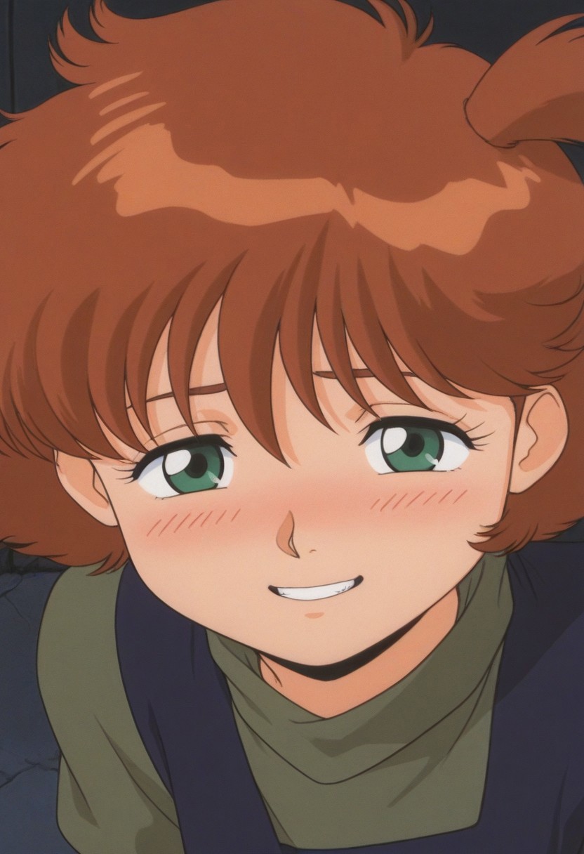 score_9, score_8_up, score_7_up, source_anime,masterpiece, best quality, 1990s_\(style\),official art,a cute child, Suzy Relane,green_eyes,brown_hair,short_hair,side_ponytail, solo, looking at viewer,(solo_focus,looking at viewer,detailed face and eyes,blush,shy grin), (upper body,character focus,close to viewer,face to face:1.2),from above,BackAlley,